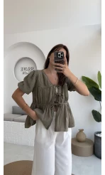 Rachel Bağlamalı Bluz Müslin Kumaş Haki - 1024