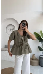 Rachel Bağlamalı Bluz Müslin Kumaş Haki - 1024