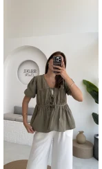 Rachel Bağlamalı Bluz Müslin Kumaş Haki - 1024