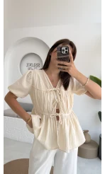 Rachel Bağlamalı Bluz Müslin Kumaş Krem - 1024