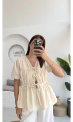 Rachel Bağlamalı Bluz Müslin Kumaş Krem - 1024
