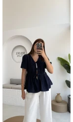 Rachel Bağlamalı Bluz Müslin Kumaş Lacivert - 1024