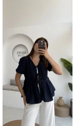 Rachel Bağlamalı Bluz Müslin Kumaş Lacivert - 1024