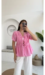 Rachel Bağlamalı Bluz Müslin Kumaş Pembe - 1024