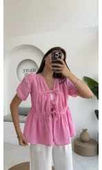 Rachel Bağlamalı Bluz Müslin Kumaş Pembe - 1024