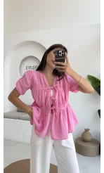 Rachel Bağlamalı Bluz Müslin Kumaş Pembe - 1024