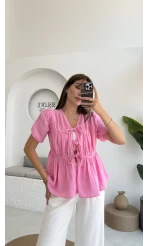 Rachel Bağlamalı Bluz Müslin Kumaş Pembe - 1024