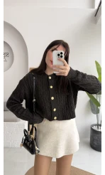 Rachel Gold Düğme Detay Crop Hırka - Acı Kahve