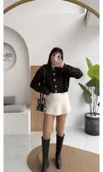 Rachel Gold Düğme Detay Crop Hırka - Acı Kahve