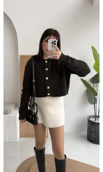 Rachel Gold Düğme Detay Crop Hırka - Acı Kahve