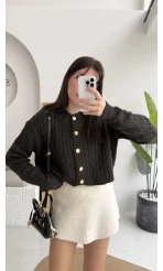 Rachel Gold Düğme Detay Crop Hırka - Acı Kahve