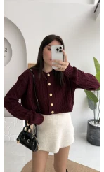 Rachel Gold Düğme Detay Crop Hırka - Bordo