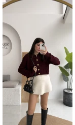 Rachel Gold Düğme Detay Crop Hırka - Bordo