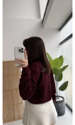 Rachel Gold Düğme Detay Crop Hırka - Bordo