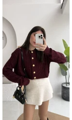 Rachel Gold Düğme Detay Crop Hırka - Bordo