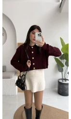 Rachel Gold Düğme Detay Crop Hırka - Bordo