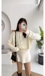 Rachel Gold Düğme Detay Crop Hırka - Ekru