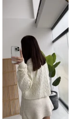 Rachel Gold Düğme Detay Crop Hırka - Ekru