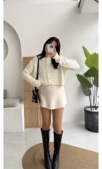 Rachel Gold Düğme Detay Crop Hırka - Ekru