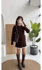Rakel Polo Yaka Saç Örgülü Triko Mini Etek Takım - Acı Kahve
