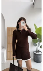 Rakel Polo Yaka Saç Örgülü Triko Mini Etek Takım - Acı Kahve