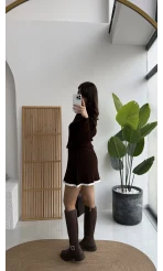 Rakel Polo Yaka Saç Örgülü Triko Mini Etek Takım - Acı Kahve