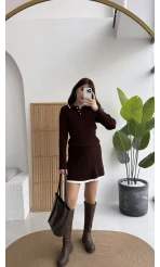 Rakel Polo Yaka Saç Örgülü Triko Mini Etek Takım - Acı Kahve