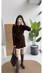 Rakel Polo Yaka Saç Örgülü Triko Mini Etek Takım - Acı Kahve