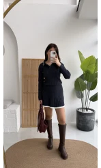 Rakel Polo Yaka Saç Örgülü Triko Mini Etek Takım - Lacivert