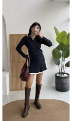 Rakel Polo Yaka Saç Örgülü Triko Mini Etek Takım - Lacivert