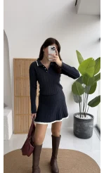 Rakel Polo Yaka Saç Örgülü Triko Mini Etek Takım - Lacivert