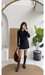 Rakel Polo Yaka Saç Örgülü Triko Mini Etek Takım - Lacivert