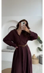 Roar Kemerli Gömlek Elbise - 3270 - Mürdüm