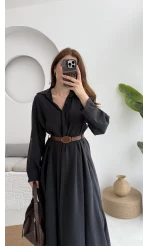 Roar Kemerli Gömlek Elbise - 3270 - Siyah