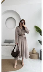 Roar Kemerli Gömlek Elbise - 3270 - Vizon