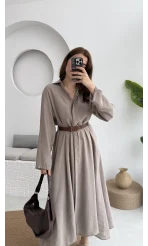 Roar Kemerli Gömlek Elbise - 3270 - Vizon