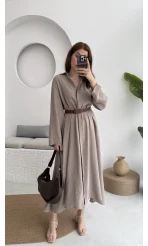 Roar Kemerli Gömlek Elbise - 3270 - Vizon