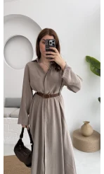 Roar Kemerli Gömlek Elbise - 3270 - Vizon