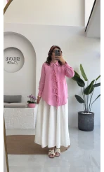 2088 - Roma Uzun Kollu Bağlamalı Gömlek - Şeker Pembesi