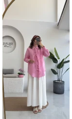 2088 - Roma Uzun Kollu Bağlamalı Gömlek - Şeker Pembesi