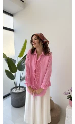 2088 - Roma Uzun Kollu Bağlamalı Gömlek - Şeker Pembesi