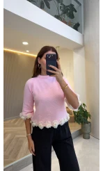 Rose Detay Triko Kazak - Pembe - Kod: 9108