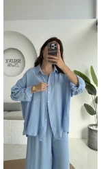 Roxy Gofre Gömlek Pantolon Takım - Mavi - 8008