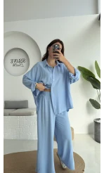 Roxy Gofre Gömlek Pantolon Takım - Mavi - 8008