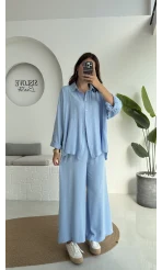 Roxy Gofre Gömlek Pantolon Takım - Mavi - 8008