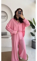 Roxy Gofre Gömlek Pantolon Takım - Pembe - 8008