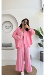 Roxy Gofre Gömlek Pantolon Takım - Pembe - 8008