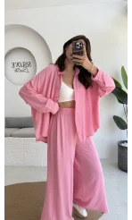Roxy Gofre Gömlek Pantolon Takım - Pembe - 8008