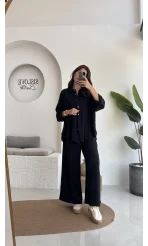 Roxy Gofre Gömlek Pantolon Takım - Siyah - 8008