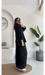 Roxy Gofre Gömlek Pantolon Takım - Siyah - 8008